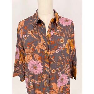 PilcroFloral Print Viscose Button Down Shirt Women Size L Pink Orange Gray